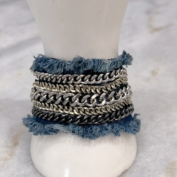 Multi Link Multi Finish Frayed Denim Bracelet - Picture 2 of 10